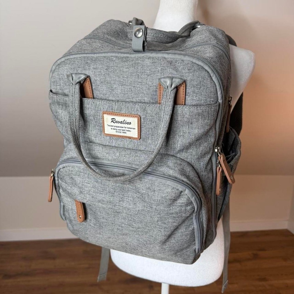 Ruvalino Large Gray Diaper Bag Backpack – Insulated Pockets Trendy Mom